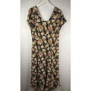 Vtg 90s Express Button Front Dress 13 14 XL Prairie Dark Floral Romantic Sheer